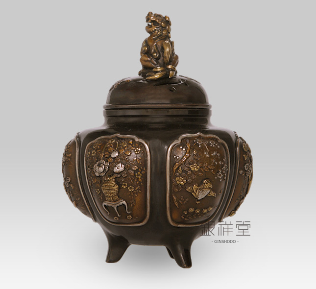 Copper Censer　Lion-lid and Flowers and birds-layout