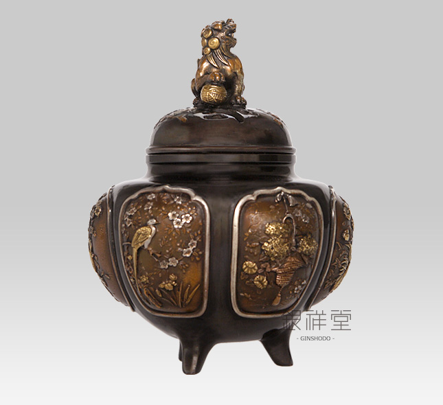 Copper Censer　Lion-lid and Flowers and birds-layout