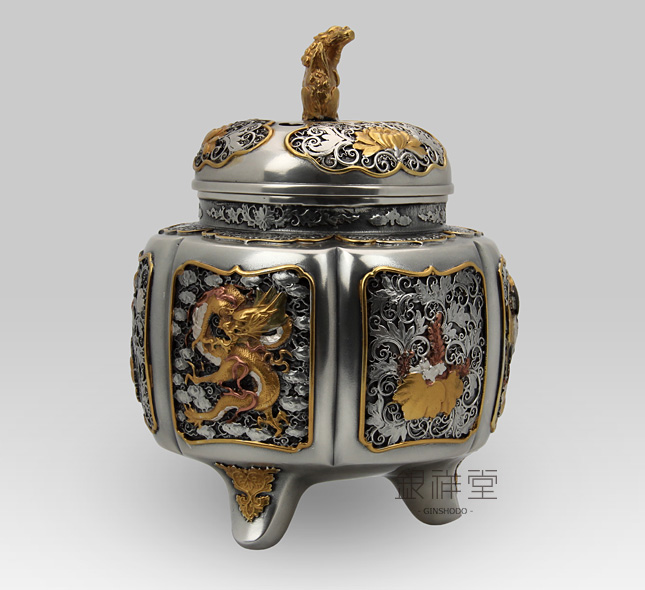 Silver Censer　Hexahedron with flowers and bird