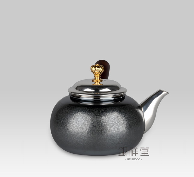 Silver teapot 220cc peach shape,“Nashiji”,oxidized silve,rosewood handle,gold-plated lid